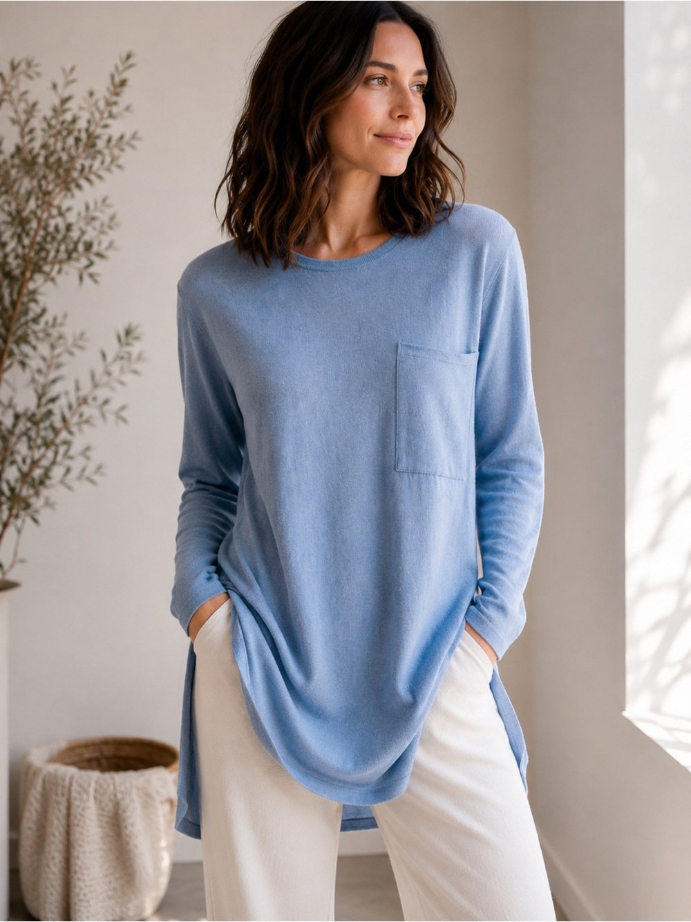 Eileen Fisher Merino Wool Tunic Sweater Blue Small Oversized Lightweight Knit